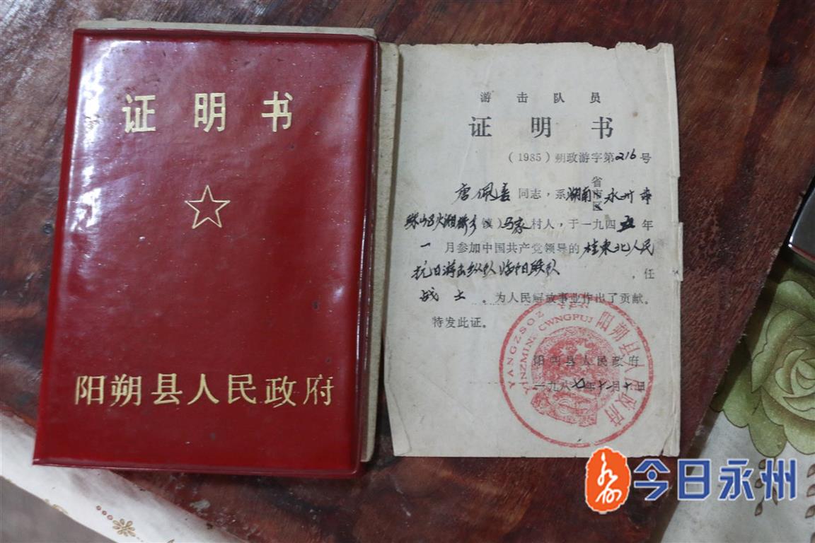 阳朔县人民政府颁发的"游击队员"证明书